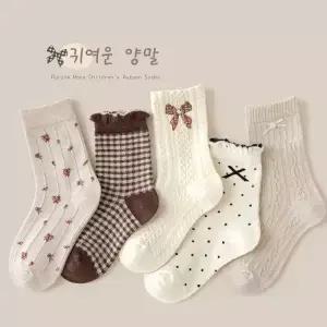 가을 양말 겨울 레트로 마이야르 컬러 프릴 송아지 면 5 쌍