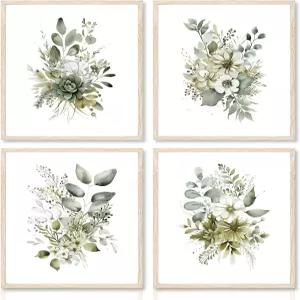 대즐월 4pcs 식물성 벽 아트 프린트 보호 세이지 그린 리프 수채화 아트워크 침실 거실 욕실용