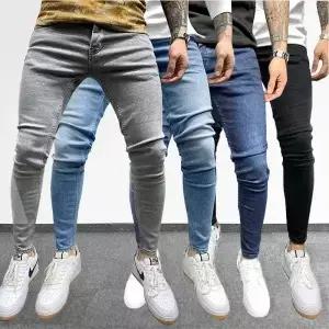 그레이 퓨어 컬러 청바지 남성 신축성있는 허리 스키니 2021 스트레치 찢어진 바지 streetwear 블랙 데님