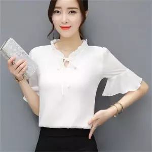 여성 쉬폰 반팔 블라우스 여름 리본 셔츠 데일리 오피스룩 상의 정장 빅사이즈AK80