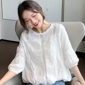 여성 7부 소매 블라우스 라운드넥 레이스 포인트 데일리 셔츠