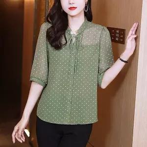 여자 봄 여름 폴카 도트 쉬폰 블라우스 리본 넥타이 셔츠 AC112