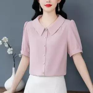 여자 봄여름 반팔 쉬폰 블라우스 큰 카라 단추 장식 심플 우아한 스타일 XC130