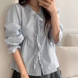 여자 셔츠 여유로운 V넥 데일리 마카롱 컬러 블라우스 프릴 셔츠