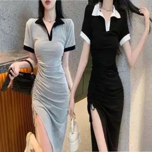 날씬해보이는 슬림핏 셔링 옆트임 카라 반팔 원피스