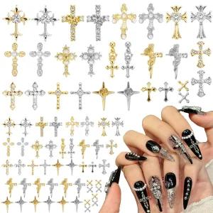 80Pcs 크로스 네일 참 골드 실버 Y2k 아트 라인스톤 보석 반짝이는 주얼리 아크릴 액세서리 여성 DIY