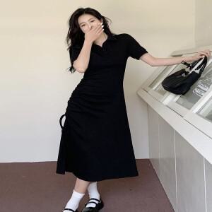 플러스 사이즈 여성용 블랙 폴로 원피스 여름 신상 드로스트링 디자인 플리츠 허리 조절 스플릿 롱 스커트