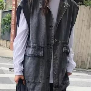 (다올)청 데님 오버핏 조끼 카라 베스트 블랙 데일리