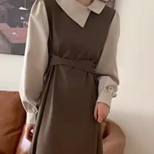 (다올)롱 원피스 배색 언발 카라넥 허리 스트링