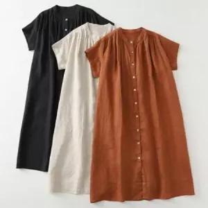 은창)에이라인 버티컬 버튼 면 원피스 여름 치마 반팔