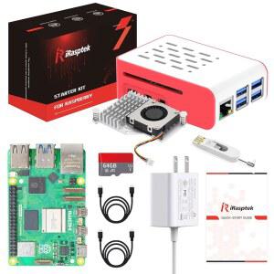 라즈베리 파이 5 RAM 8GB 프리로드 64GB 에디션 OS용 iRasptek 스타터 키트레드 앤 화이트 케이스