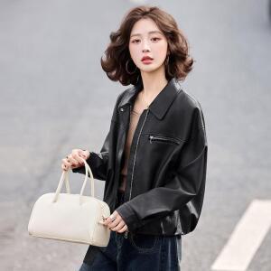 원픽 여성 봄 가을 하이닝 가죽 재킷 고급 터틀넥 양가죽 라이더 쇼트 코트