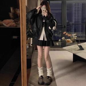 원픽 여성 브라운 가죽 코트 가을 쿨 라이더 긴팔 자켓 상의