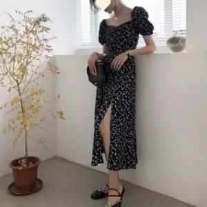 ONM 러블리 셔링 여성 플라워 쉬폰 롱 트임 반팔 원피스
