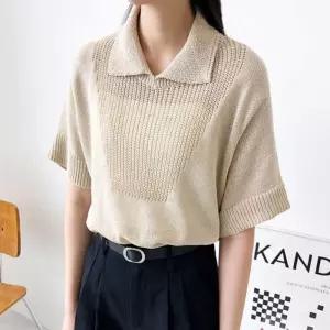 ONM 언발란스 시스루 그물짜임 카라 여름 반팔 니트웨어