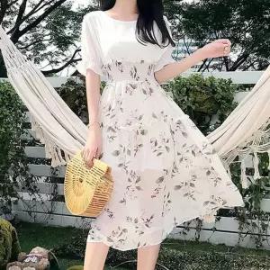 ONM 쉬폰 투피스st 원피스 허리 스모크밴딩 플레어 스커트