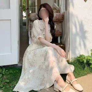 ONM 쉬폰 소재 브이넥 리본스트링 포인트 허리밴딩 원피스
