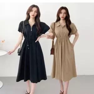 ONM 여자 여름 반팔카라 반집업 레이스업 퍼프소매 원피스
