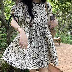 ONM 플라워패턴 미니 원피스 소매 리본 셔링 나들이 코디