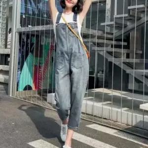 ONM 밑단 롤업 귀여운 디자인 포켓 연청 멜빵 여성 바지