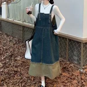 ONM 데님 배색 멜빵 롱원피스 밑단포인트 빈티지 캐주얼룩