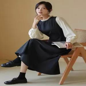 ONM 여성 레이스 넥라인 허리끈 데이트룩 롱원피스 블랙