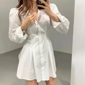 ONM 카라 단추 퍼프소매 미니원피스 A라인핏 허리밴딩