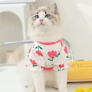 고양이 여름 옷 귀여운 와플 나시티 강아지 여름 옷 민소매 실내복 얇은