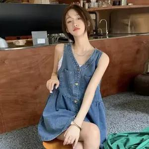 여성 빅사이즈 데님 스커트 캐주얼 조끼 멜빵 데님 원피스 민소매 데님 원피스