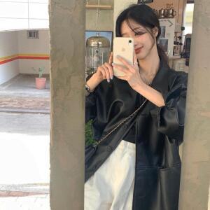 EAMT 여성 여름 잘 생긴 옷깃 싱글 브레스트 캐주얼 PU가죽 긴팔 가죽 자켓 YJ