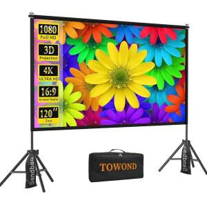 스탠드가 있는 TOWOND 프로젝터 스크린, 120인치 실내 프로젝터 스크린 야외 휴대용 16:9 4K HD 후면 전면 투사 영화 스크린, 캐리백 주름 없는 디자인의 뒷마당 극장용 스크린