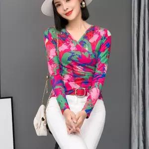 온코 여성 댄스복 화려한 레드 라틴 긴팔 F48 상의 브이넥 사교