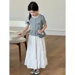 Bellbell 여름 2-14Y 복장 활 가짜 단추 반팔 정장 흰색 스커트 2PCS 세트