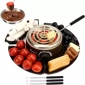 바달루 2 in 1 전기 스모어 메이커 퐁듀 냄비 온도 조절 테이블탑 실내 키트 로스팅 포크 4개 포함