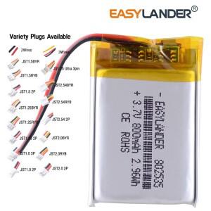JST2.54 2P 802535 3.7V 800mAh 충전식 리튬 Lipo 이온 폴리머 배터리