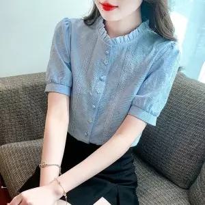 여성 여름 루즈핏 프릴 차이나넥 반팔 면 셔츠 블라우스 오피스룩