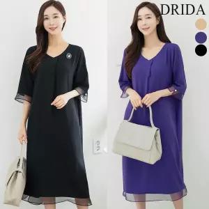 드리다 여자 빅사이즈 여름 쉬폰 브이넥 롱 정장 원피스 40-50대 중년 여성 엄마옷 고급 선물 상