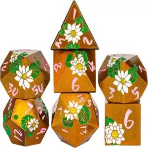 크리탈릭 연꽃 금속 DND 주사위 세트 던전 앤 드래곤 TTRPG 게임 롤플레잉 패스파인더(고대 골드와 핑크)를