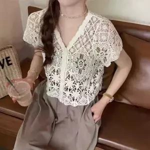 ( )여성 크로쉐 뜨개 반팔 브이넥 여름 가디건 화이트 여자 예쁜 크로셰 썸머 니트