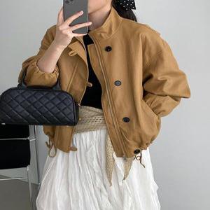 원픽 여성 그럼 앤티크 소프트하이넥 블랙 가죽 스트링 캐주얼 점퍼 코트