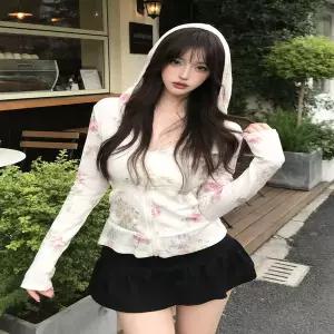 여름 반팔 자켓 재킷 블레이저 플로럴 프린트 슬림핏 얇은 긴팔 지퍼 후드 여성 오픈 가디건 카디건 탑 마