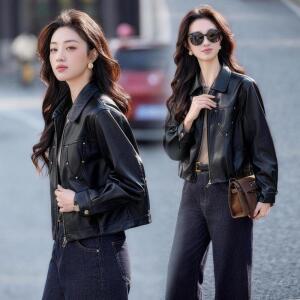 여성 정양가죽 코트 쇼트 봄가을 빈티지 라이더 재킷
