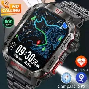 새로운 군용 야외 스마트워치 남성용 GPS 나침반 600mAh BT 통화 2.01인치 화면 스포츠 LED 손전등 5ATM