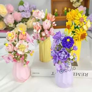 꽃병이 있는 꽃다발 빌딩 블록 영원한 꽃 분재 브릭 장미 튤립 해바라기 모델 여성용 홈 오 장식