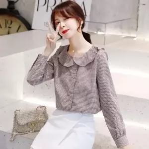 SAHINER 여성 체크 블라우스 라운드카라 셔츠형 데일리 봄가을 ACS94