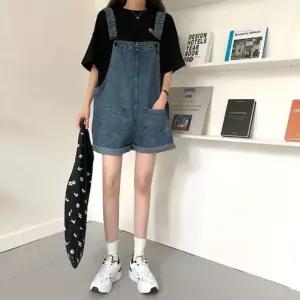 여자 데일리 귀여운 루즈핏 롤업 데님 멜빵 반바지