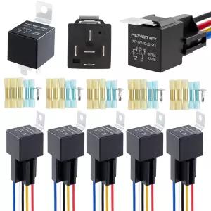 HONSTER 40A/30A 릴레이 블랙 5피스 세트 12V 배선 하네스 장착 5핀 SPDT 헤비 듀티 12AWG 소켓 자동차