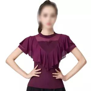 반팔 왈츠 라인댄스복 라틴 댄스복 댄스상의 모던 탱고 상의 사교 여성 방송 살사 공연복