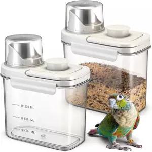 맥스닷 2개 새 씨앗 보관 용기 1.7 Qt/1.6 L 밀폐 컵 반려동물 사료 측정 뚜껑 Macaws 아프리카 회색