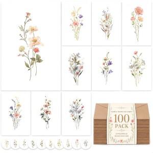 XXINMOH 100 팩 봉투 포함 빈 카드, 빈 인사말 카드 4x6, 아름다운 빈 인사말 카드, 필 앤 씰 봉투 포함 우아한 플로럴 노트 카드, 모든 경우를 위한 빈 문구 세트